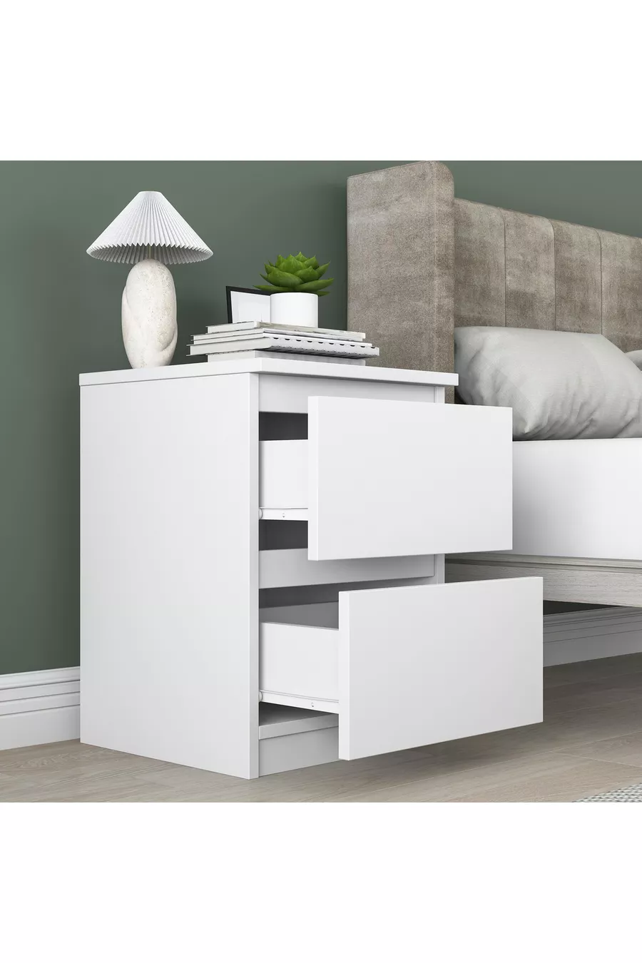 Table de chevet Rani pour chambre à coucher avec 2 tiroirs, blanche