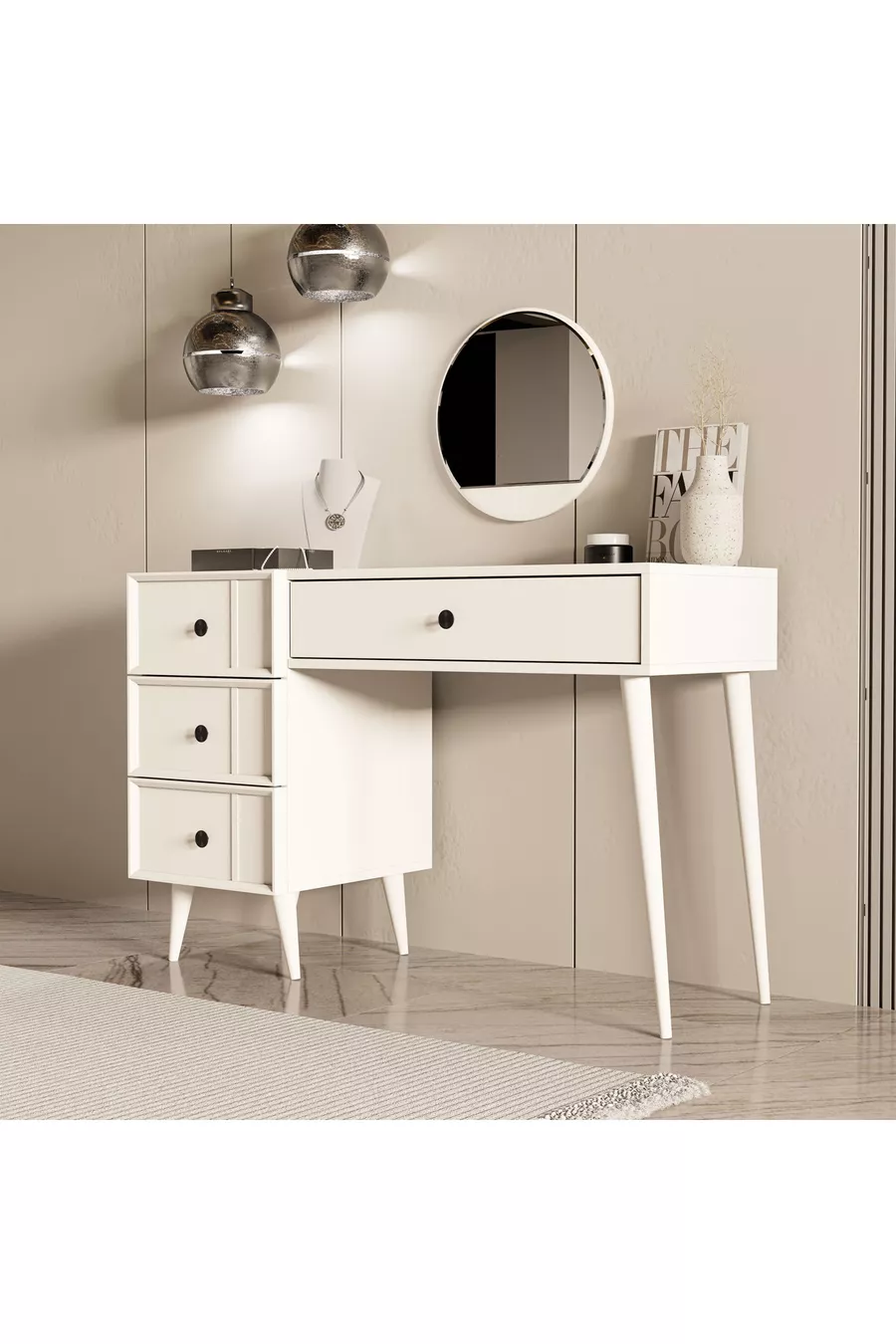 TOELETT ROSE CON SPECCHIO (CON GAMBE IN LEGNO) CON STRUTTURA IN MDF E 4 CASSETTI, COLORE BIANCO