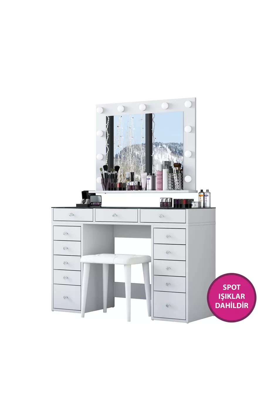 Rani Coiffeuse de Coulisses avec Miroir et Lumières de Style Hollywood, Table en Verre, Organisateur de Bijoux, Ensemble Pouf, Blanc