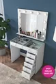 Rani Coiffeuse avec Miroir Éclairé de Style Hollywood, Table en Verre et Organisateur de Bijoux, Blanc