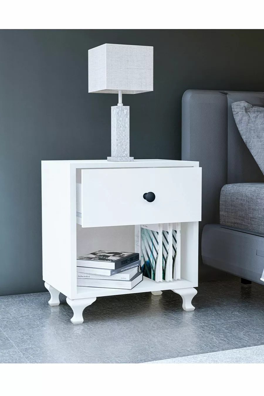 Table de chevet blanche avec poignée bouton