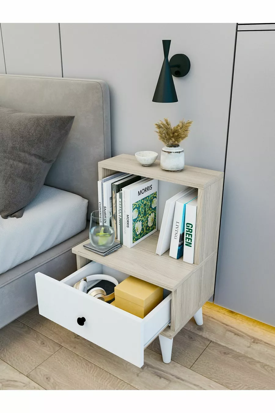 Table de chevet blanc brillant Cordoba avec tiroir et étagère pour chambre à coucher