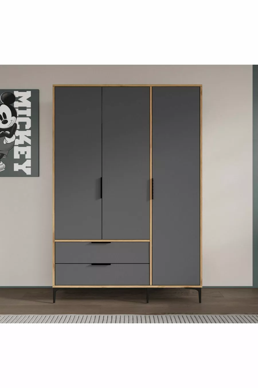 Armoire Aden 3 portes avec tiroirs, couleur anthracite complet, armoire à vêtements, armoire avec étagères