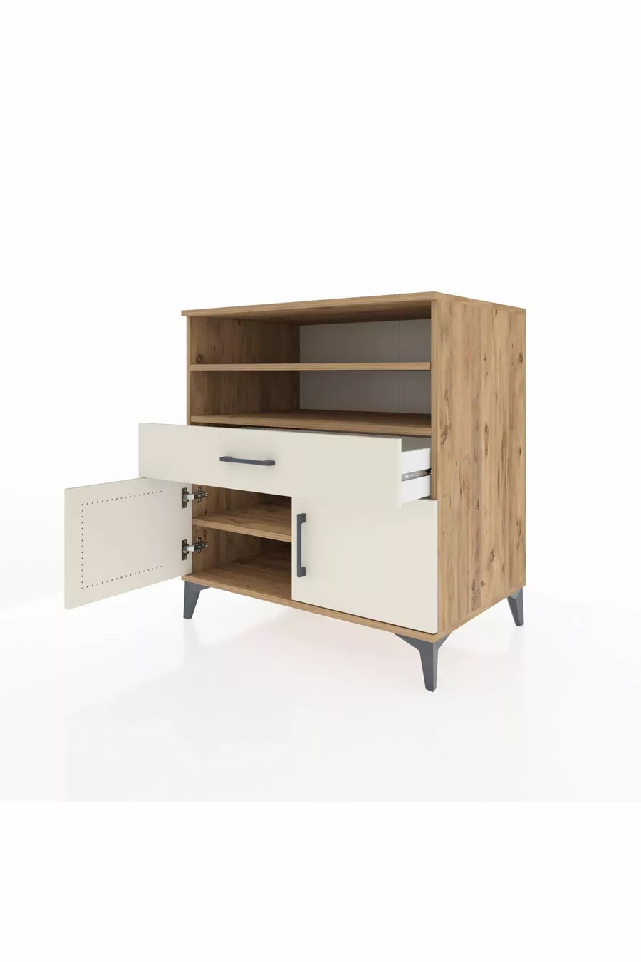 Commode Kronos 3 étagères 1 tiroir 2 portes Pin-Gris
