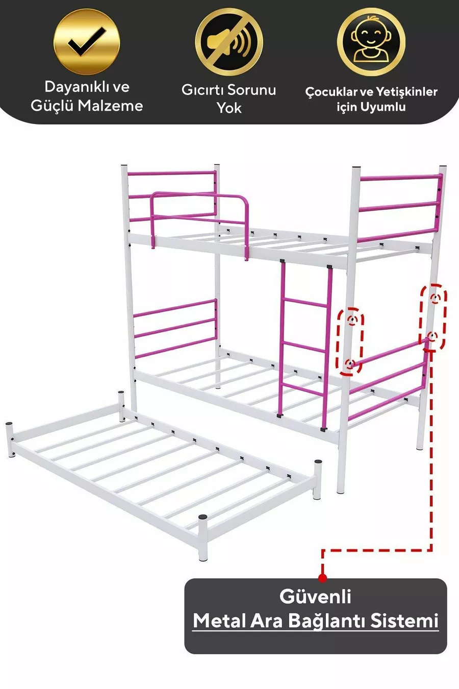 Lit superposé Trend Yavrulu compatible avec lit 3 personnes, métal rose foncé