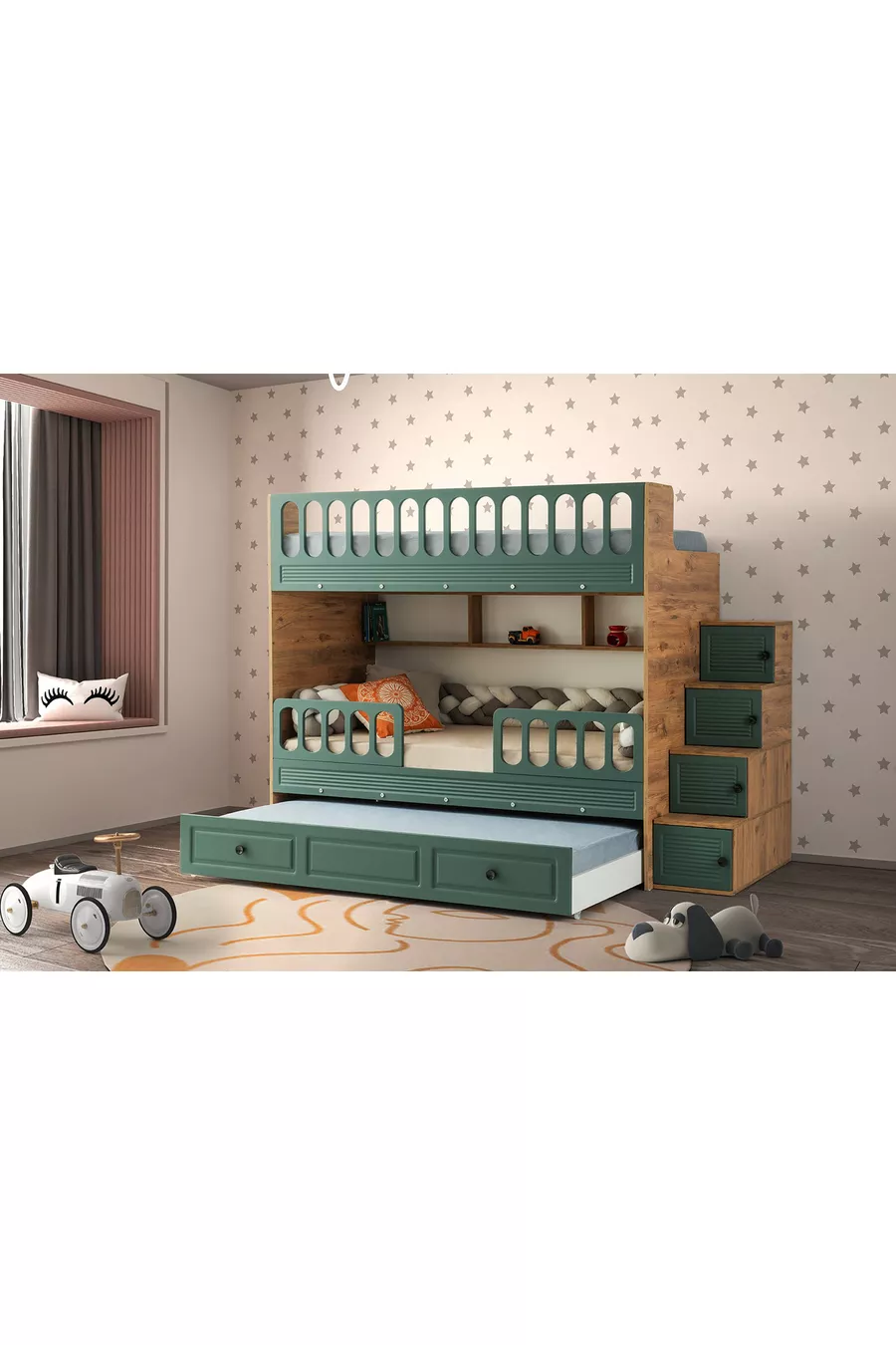 Rolluik Bunkbed met Zuigfunctie, Stalen Ondersteuning, Membrane Bekleding 100% MDF