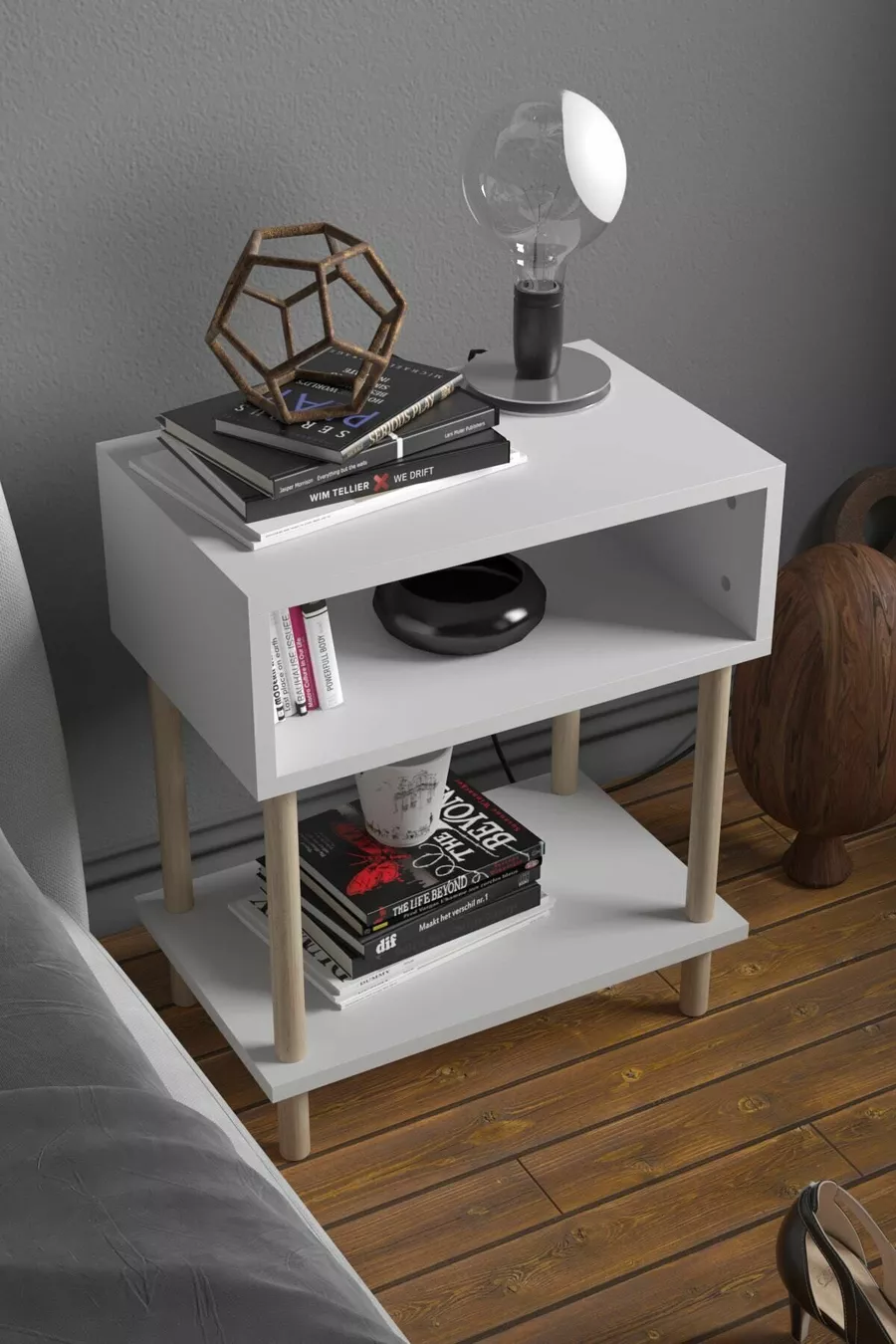 2-Shelf Modern Nightstand Bedroom Bedside Organizer Wooden Leg Side Table - White