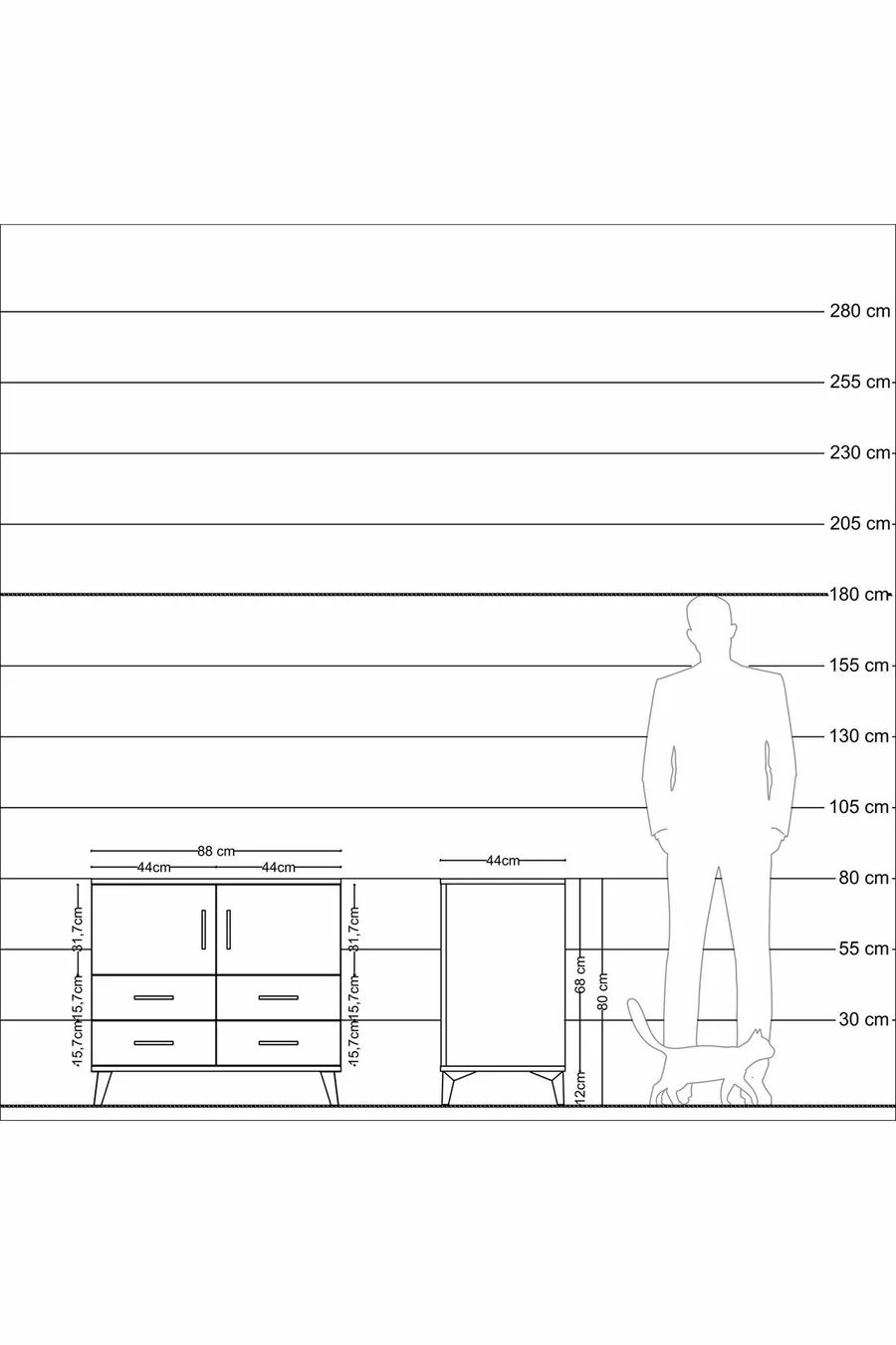 Commode Hyperion 2 étagères 4 tiroirs 2 portes Pin-Anthracite