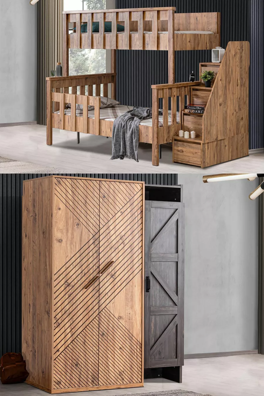 Bunk Bed, Deluxe Detachable Bunk Bed Elite 3-Door Wardrobe