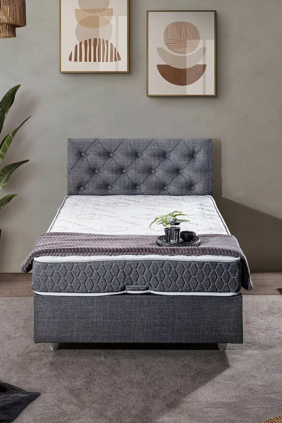Ensemble de lit Comfort avec sommier et tête de lit simple Eylül, gris