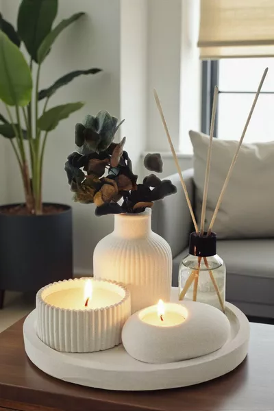 5-Piece Gift Set on Decorative Tray: Vase, Scented Candle, Tealight Candle Holder, Room Fragrance