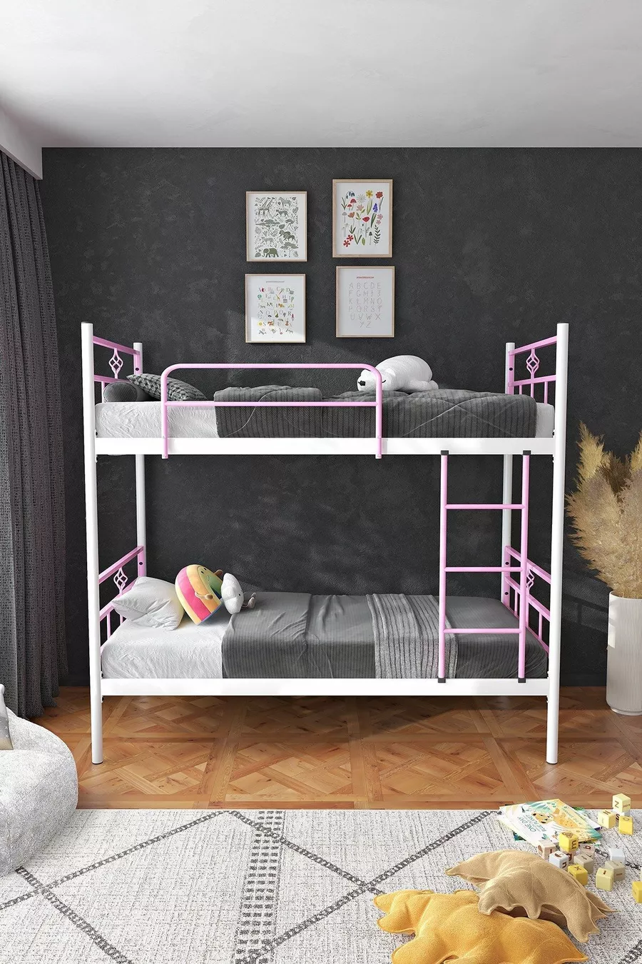 Lit superposé Koza Ranza compatible avec matelas, rose clair, métal détachable