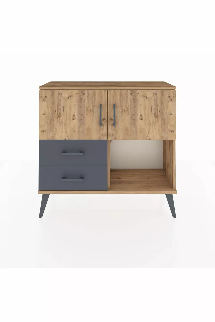 Commode Arges 2 étagères 2 tiroirs 2 portes Pin-Pin/Anthracite