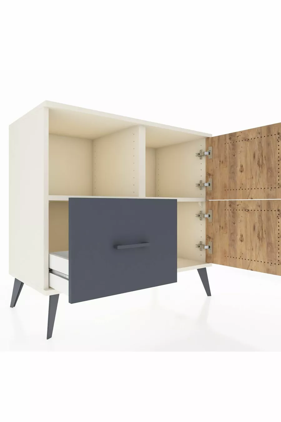 Commode Hyperion à 2 étagères, 1 tiroir, 2 portes, Pierre de lune-Pin/Anthracite