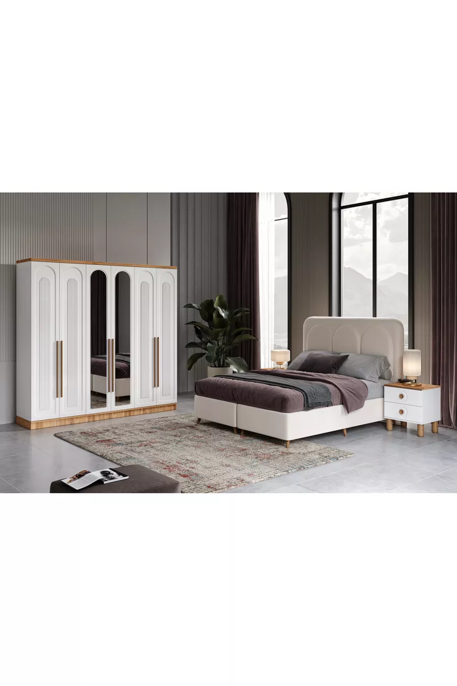 Installation gratuite - Chambre à coucher complète en MDF Flora à 6 portes - Sommier inclus