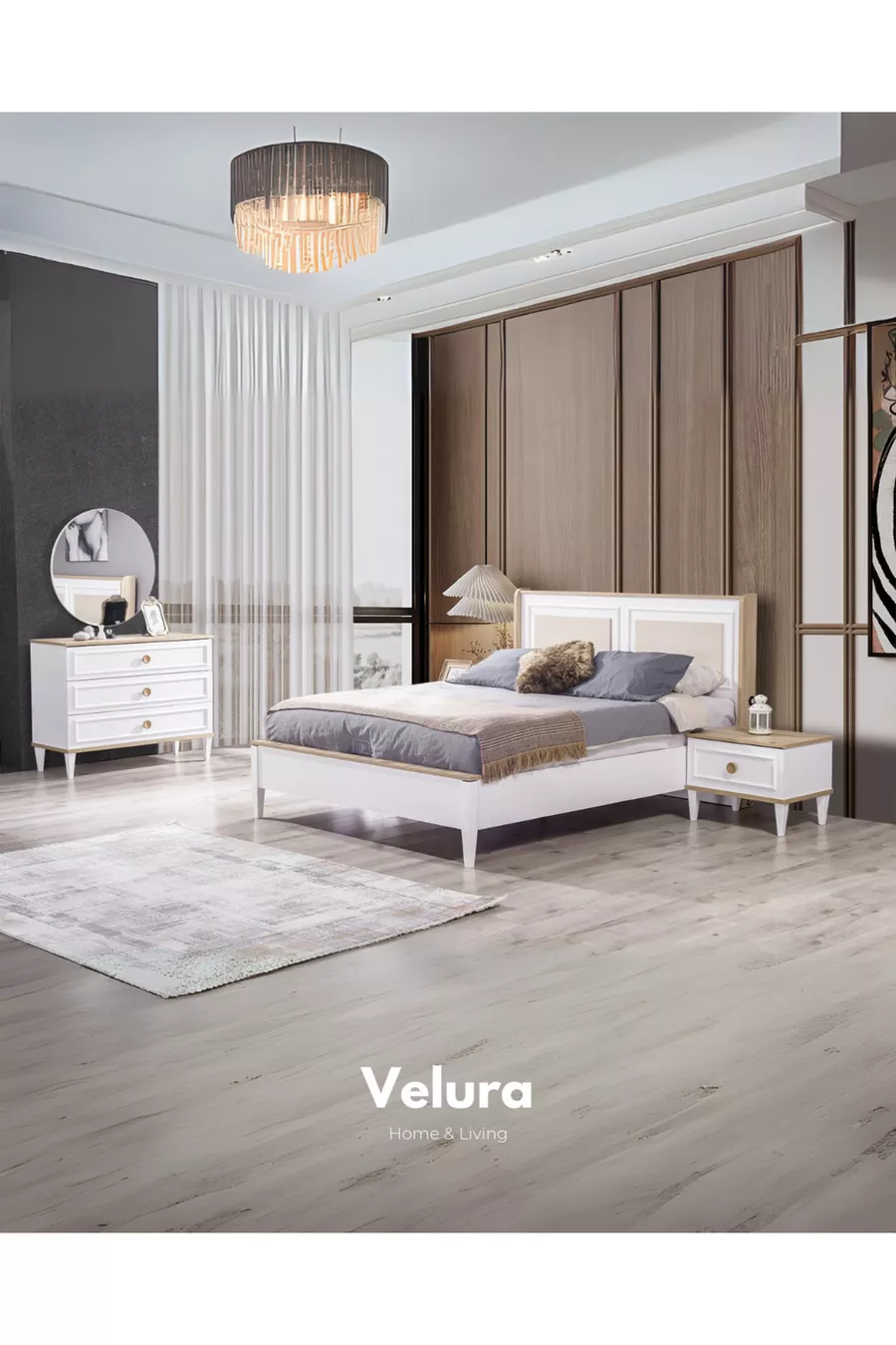 Set camera da letto in legno (Armadio + Comò + Comodino + Letto)