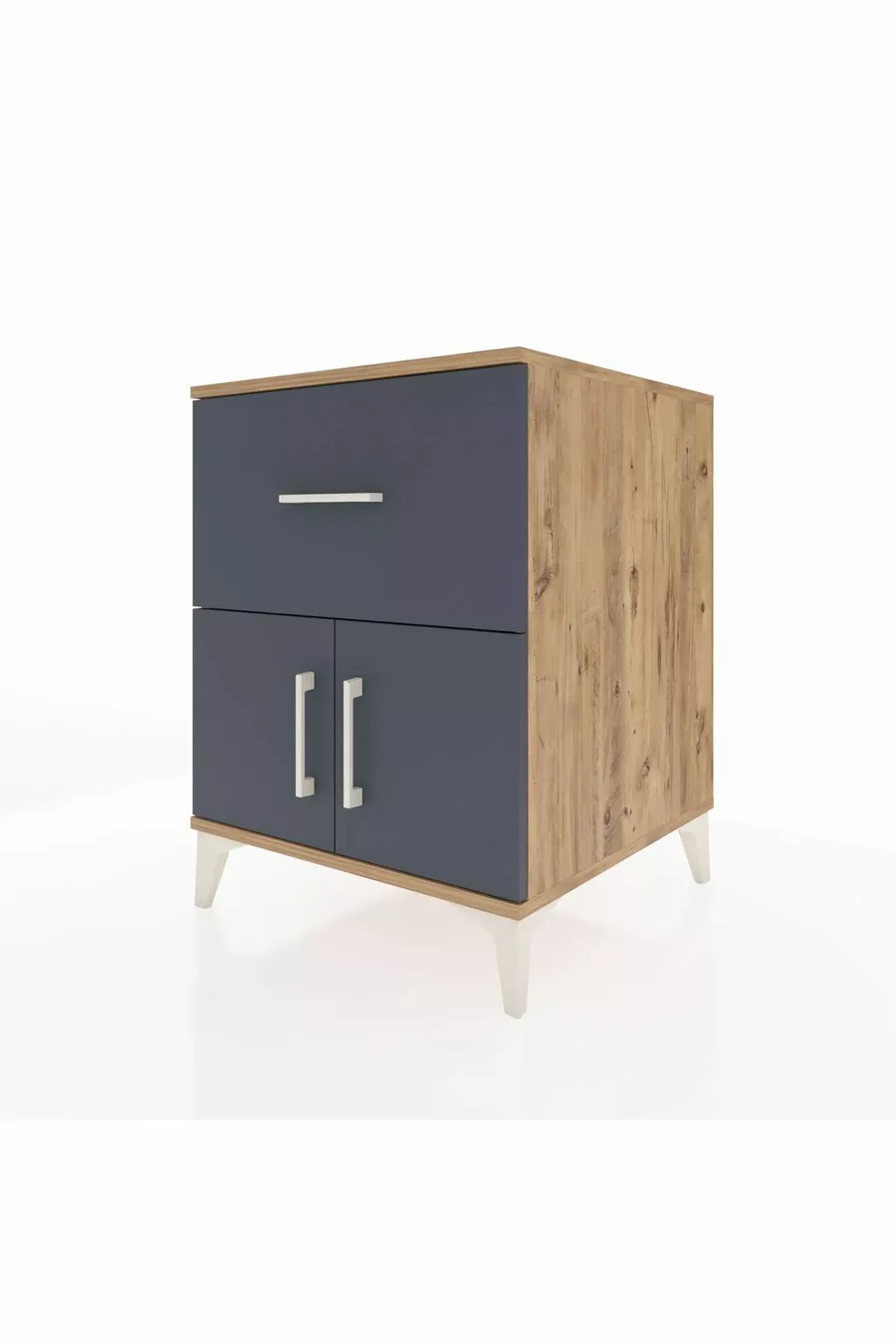 Table de chevet Kronos avec une étagère, un tiroir et deux portes, pin-anthracite