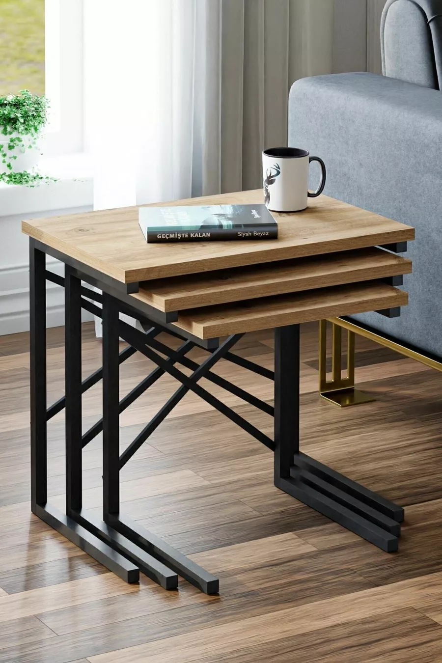 Table gigogne 3 pièces  en métal avec pieds - Pin