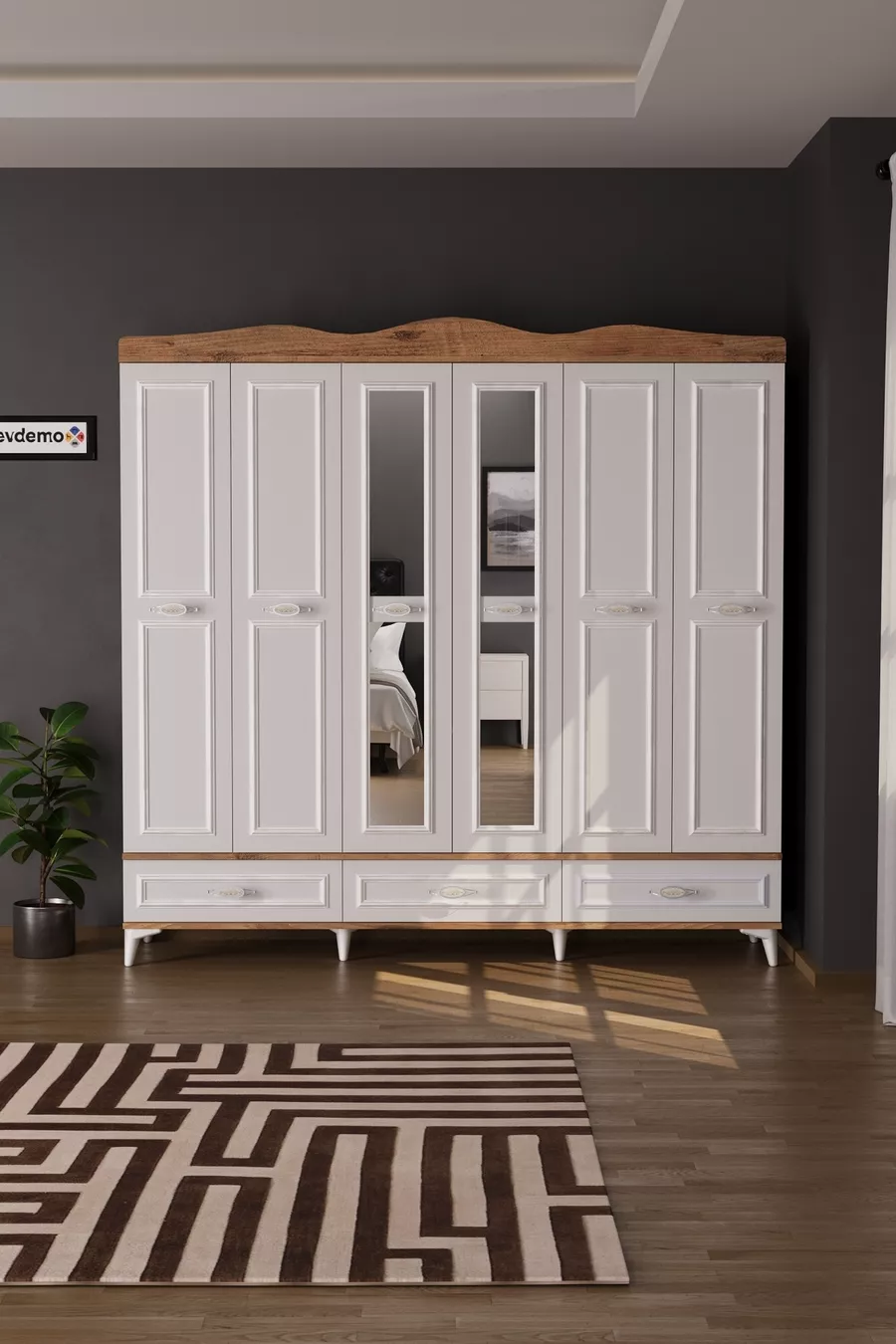 Armoire Luna 6 avec miroir, 3 tiroirs, couverture à 6 portes, en pin Atlantique