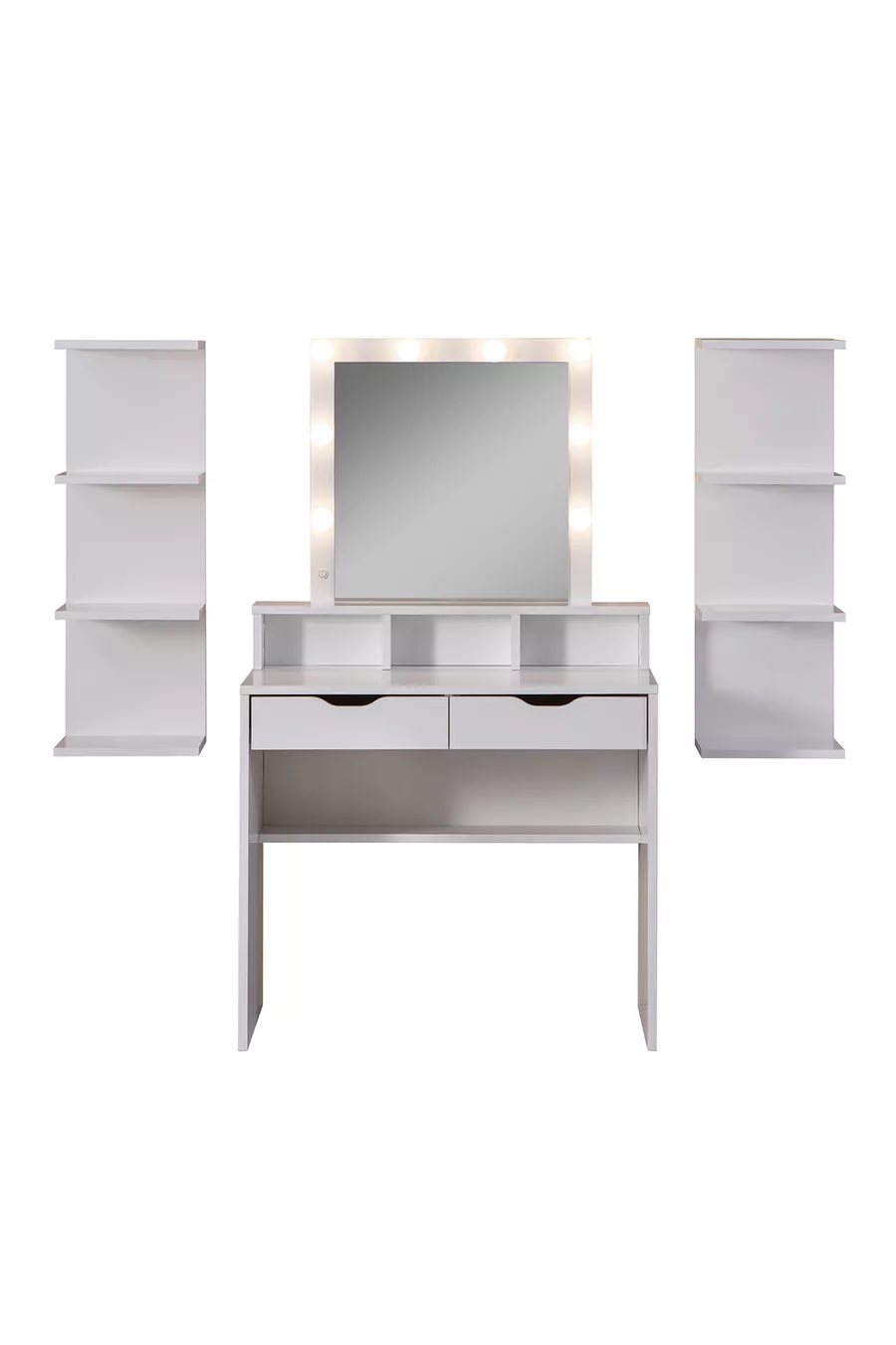 Coiffeuse Diva Hollywood avec miroir éclairé à LED, tiroir, table de maquillage de coulisse et étagère murale, blanche