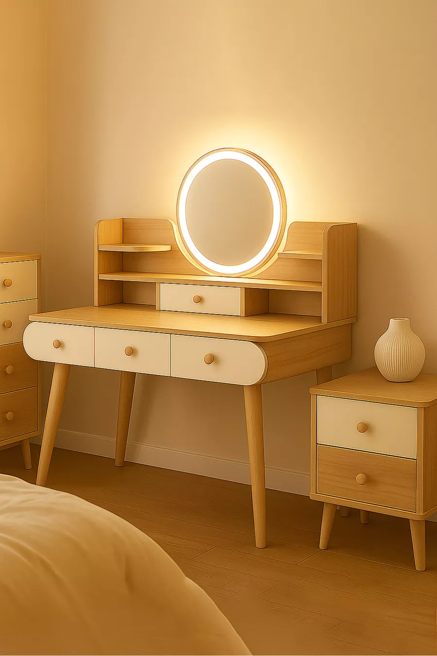 Specchio con luce LED Aura di qualità prima classe (% MDF), moderno trucco/tavolo da toletta (QUERCIA)