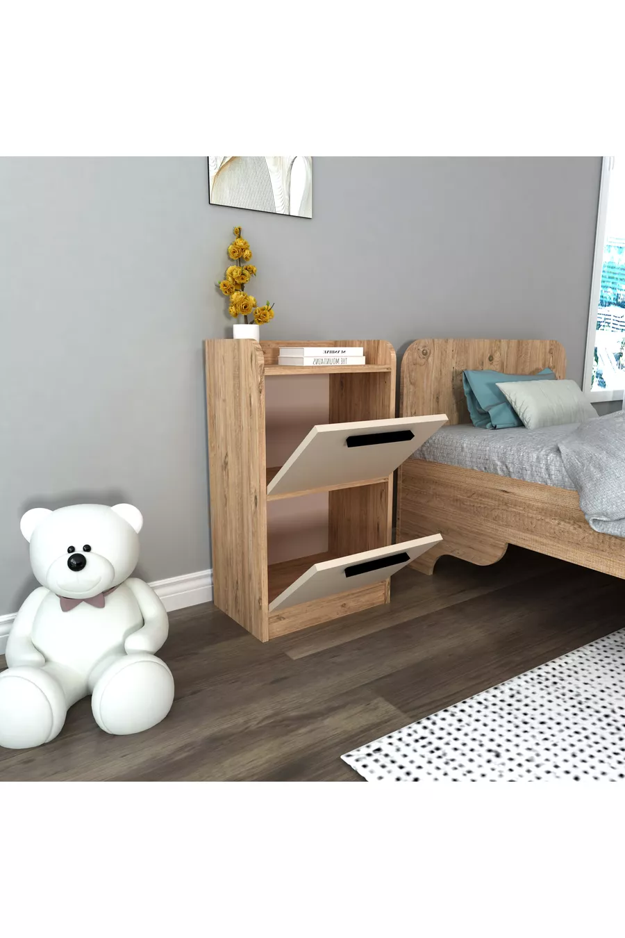 Table de chevet moderne pour chambre d'adolescent à 2 tiroirs Luses, pin de l'Atlantique beige - Luses
