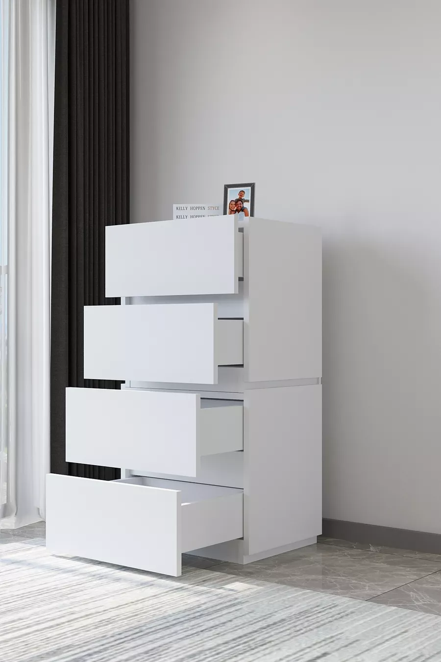 Commode blanche à 4 tiroirs Galata en cuir verni pour chambre à coucher ou chambre de bébé