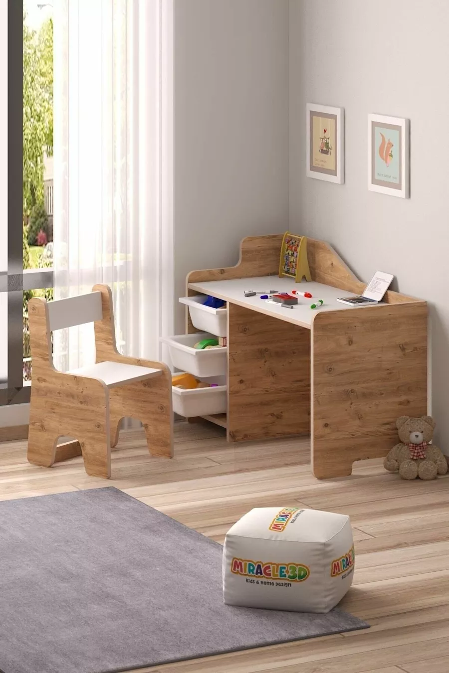 Table d'activités pour enfants avec 3 paniers et chaise avec dossier