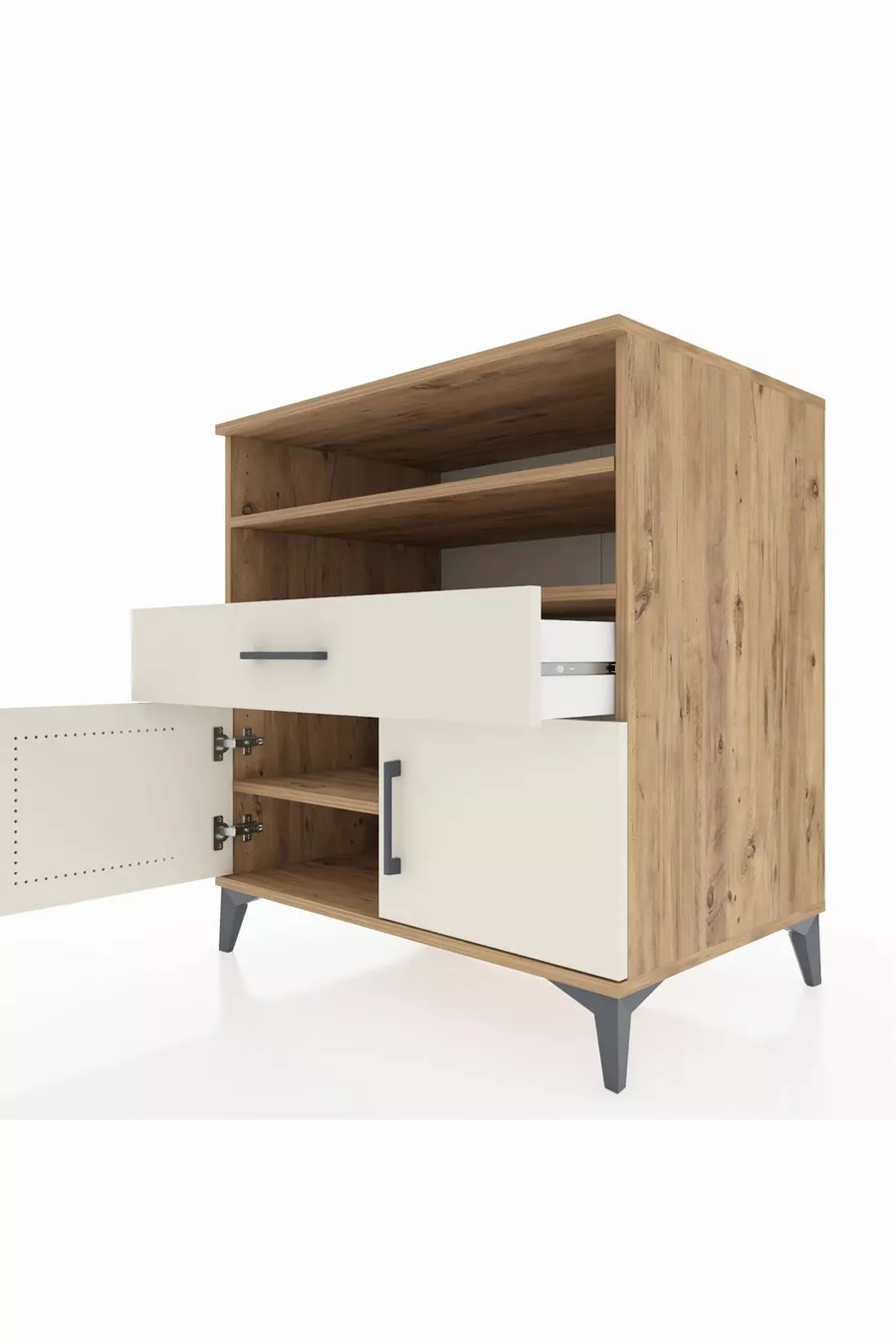Commode Kronos 3 étagères 1 tiroir 2 portes Pin-Gris