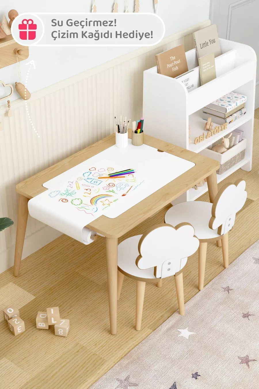 Table d'activité en bois avec 2 chaises, résistante à l'eau pour enfants
