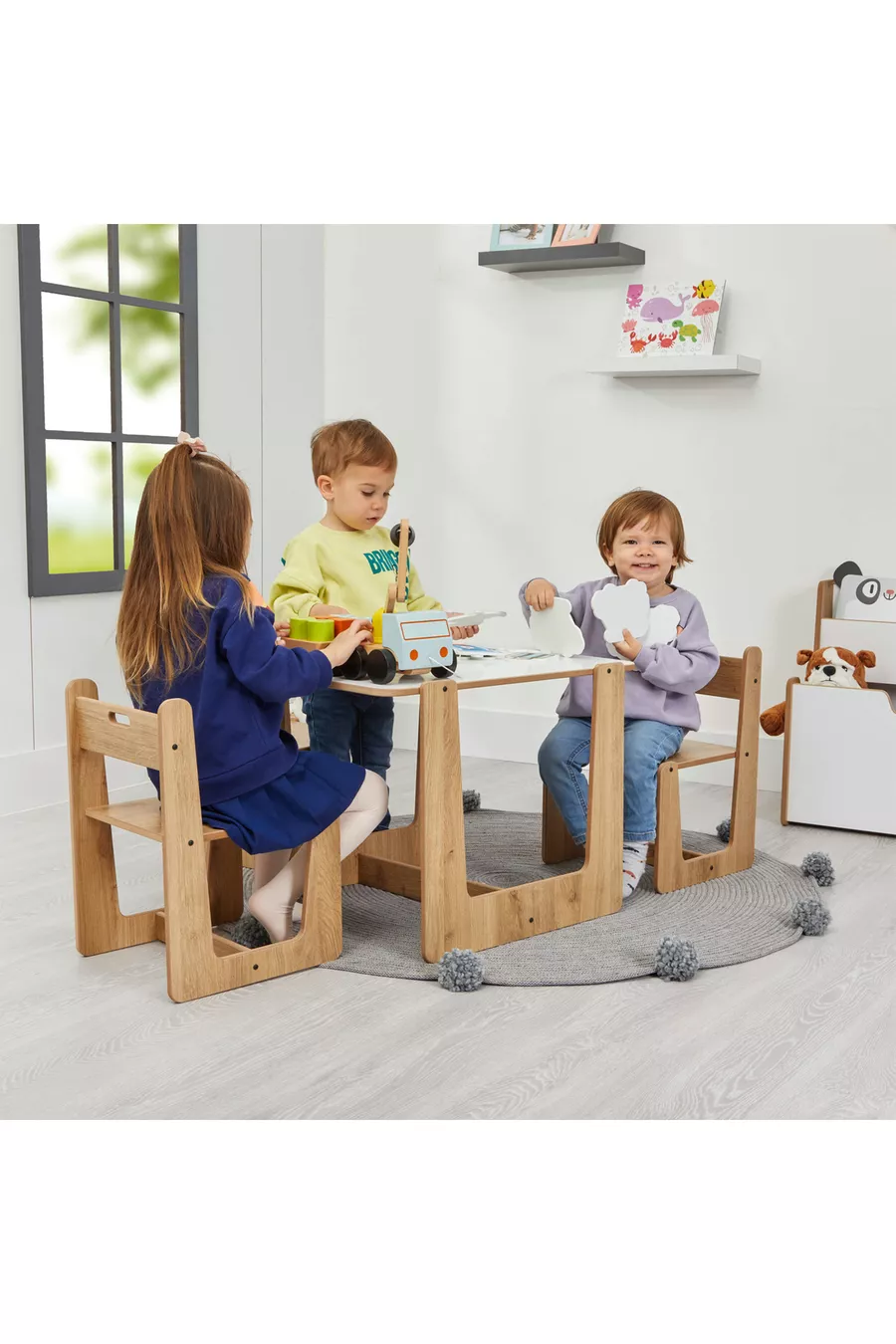 Set de table et chaises d'activités en bois Montessori pour enfants de 2 à 4 ans (1 table + 2 chaises)