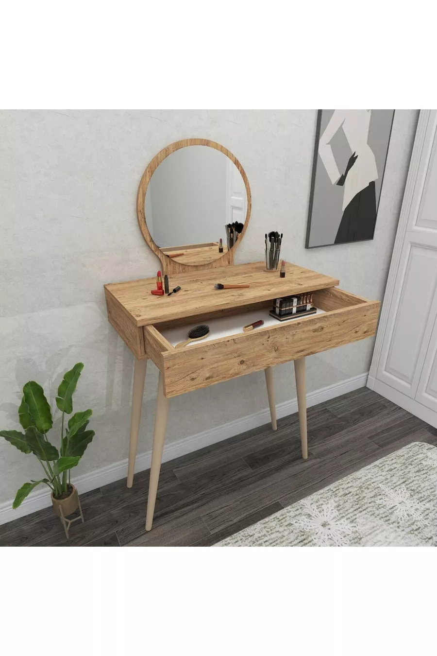 Coiffeuse avec miroir et tiroirs Siena sur pieds en bois, pin Atlantique - Siena