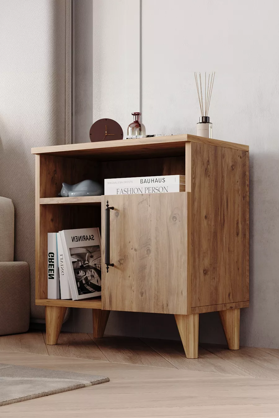 Table de chevet à 2 compartiments avec porte, en pin Atlantique