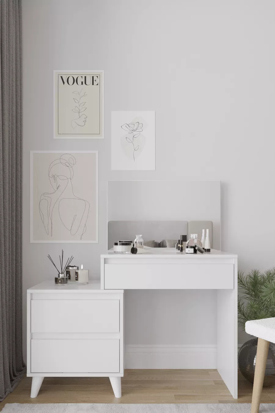 Viona Coiffeuse à 3 tiroirs avec miroir, blanche