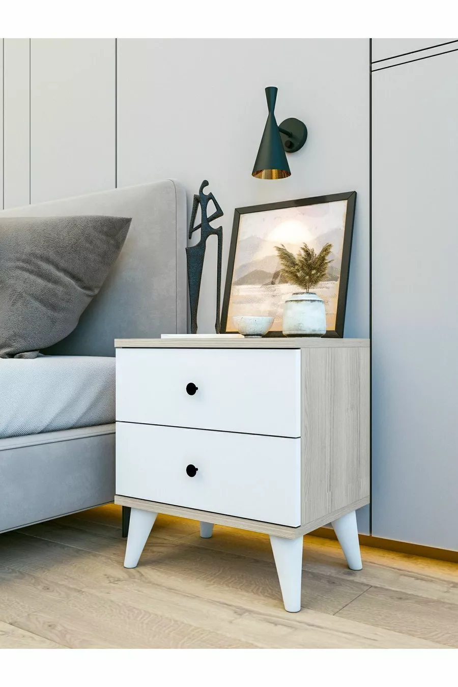 Nachttisch Cordoba Glänzend Weiß-Braun mit Schubladen Holz Nachttisch Schlafzimmer