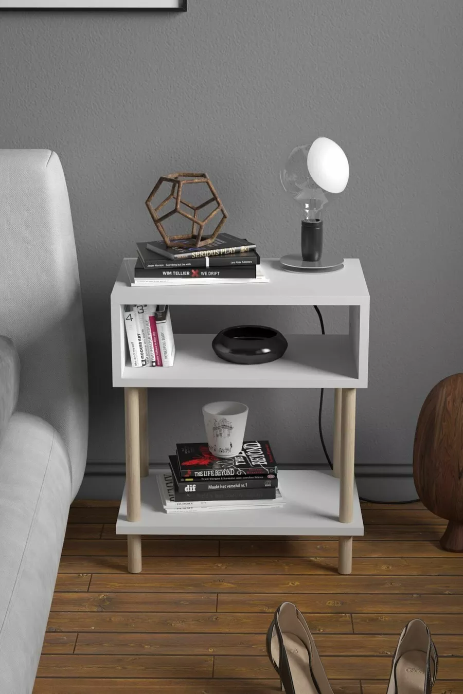 2-Shelf Modern Nightstand Bedroom Bedside Organizer Wooden Leg Side Table - White