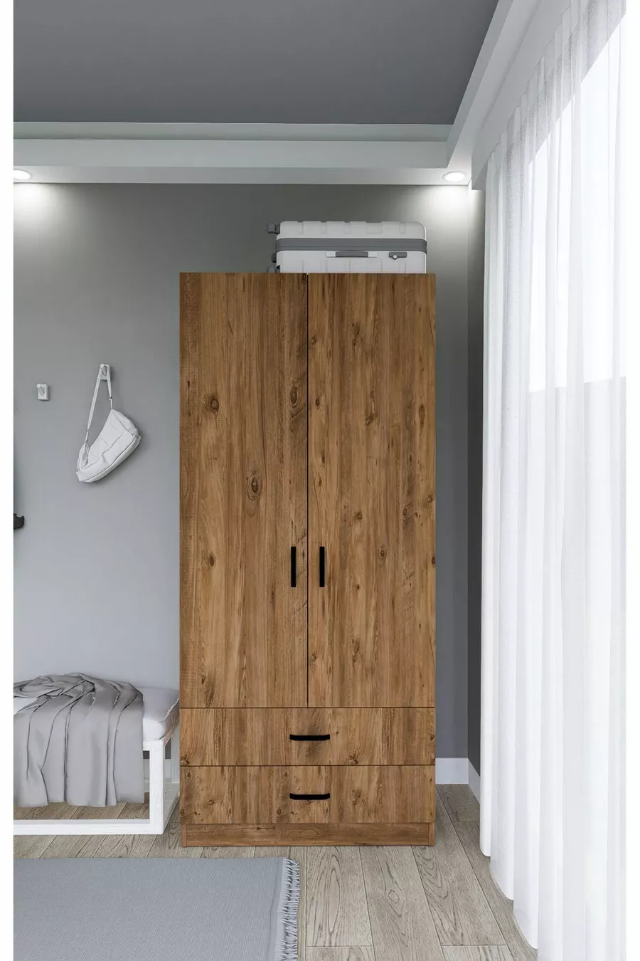 Armoire à vêtements Yaman  cm pin de l'Atlantique avec 2 portes et 2 tiroirs - Garde-robe