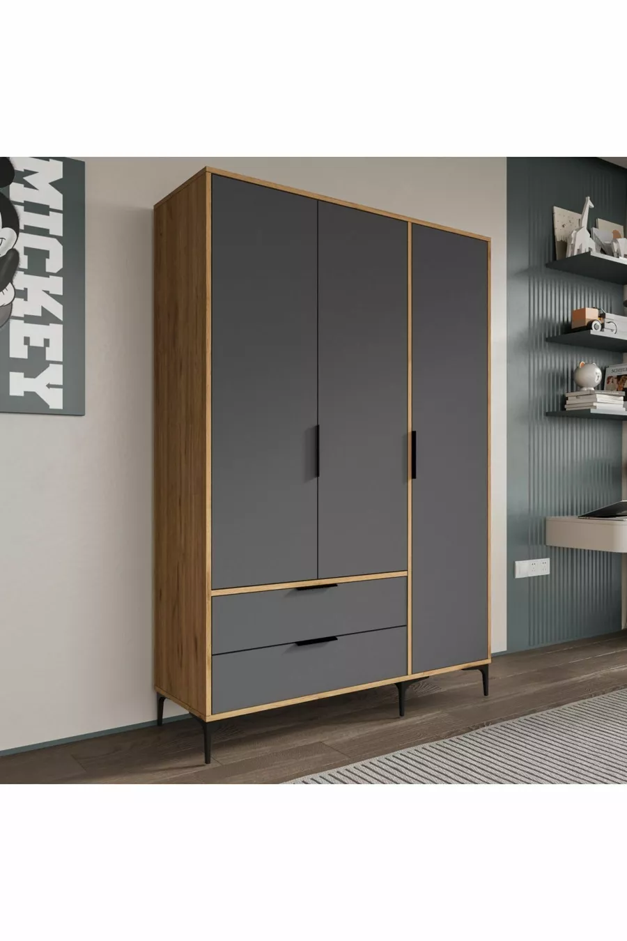 Armoire Aden 3 portes avec tiroirs, couleur anthracite complet, armoire à vêtements, armoire avec étagères