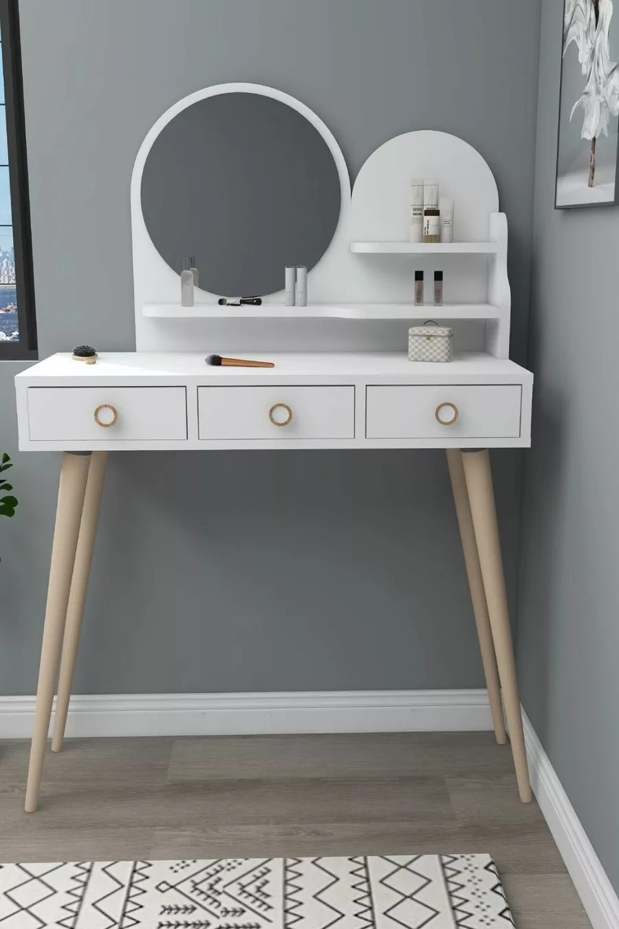 Coiffeuse en bois avec miroir et tiroirs Ruges sur pieds, blanc - Ruges