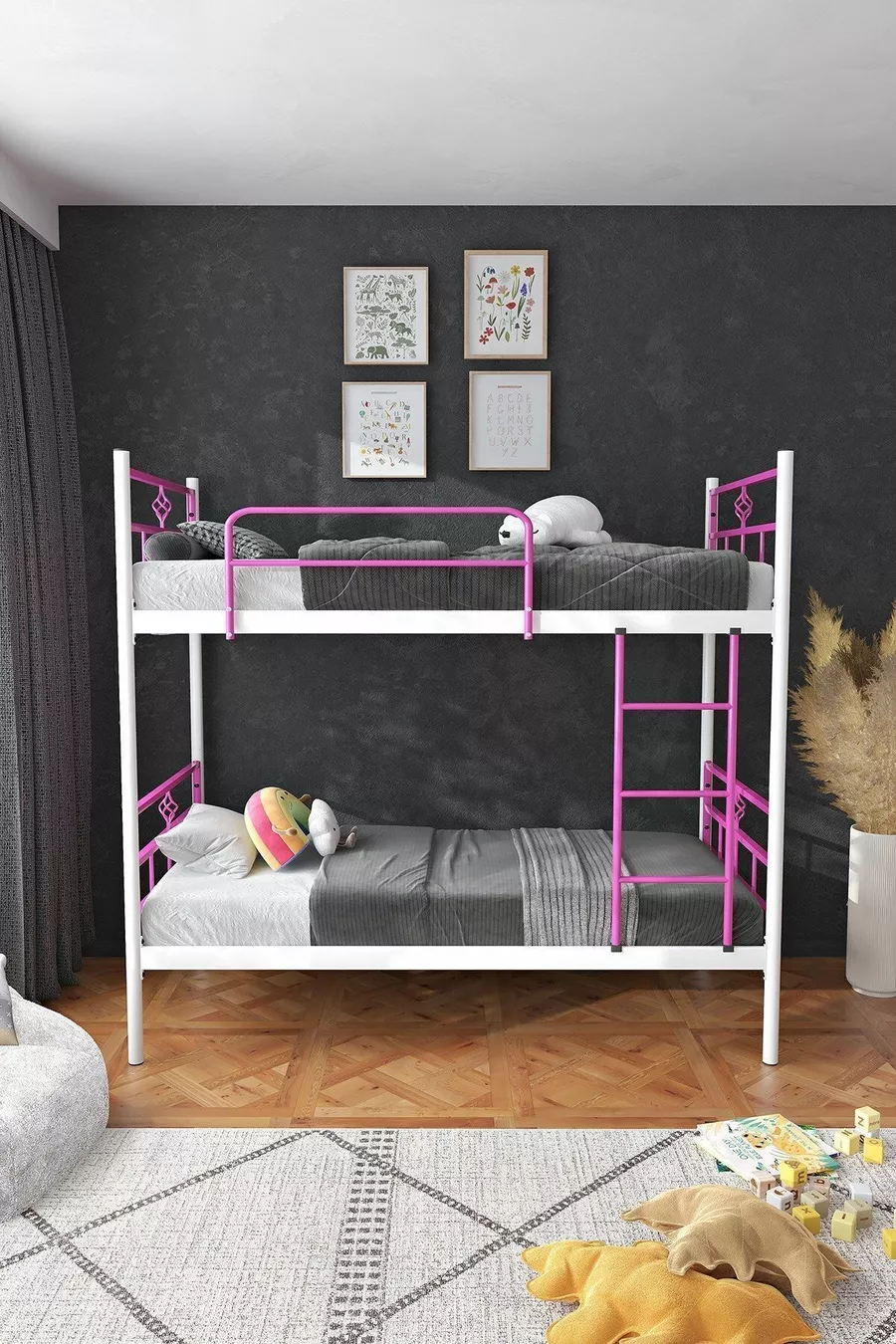 Letto a Castello Koza Ranza Compatibile con Materasso Rosa Scuro con Rete Metallica Separabile