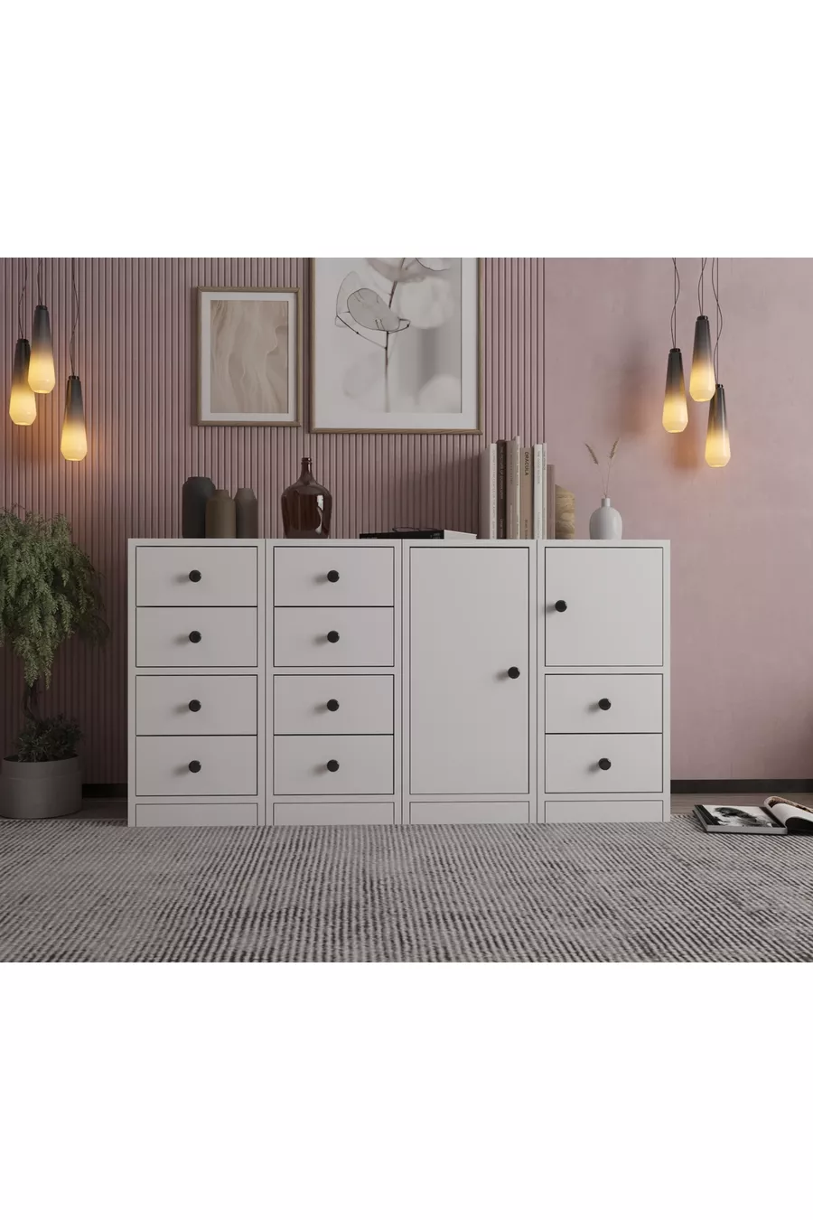 Comodino con anta e cassetti bianco Cm -Ç