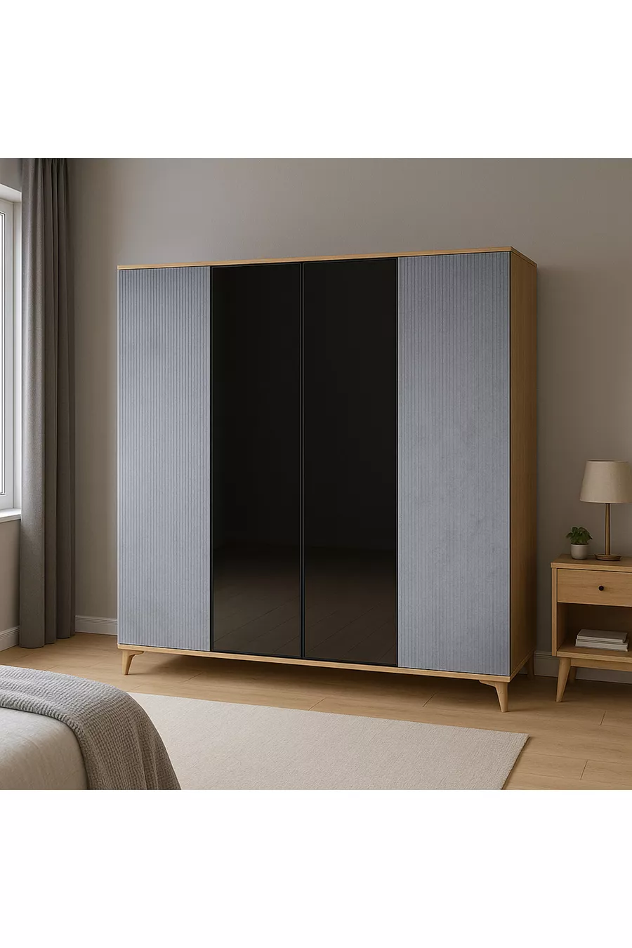 Aegean High-Quality 4-Door MDF Cabinet | Rehau Coating | Beech Legs | Glass Details