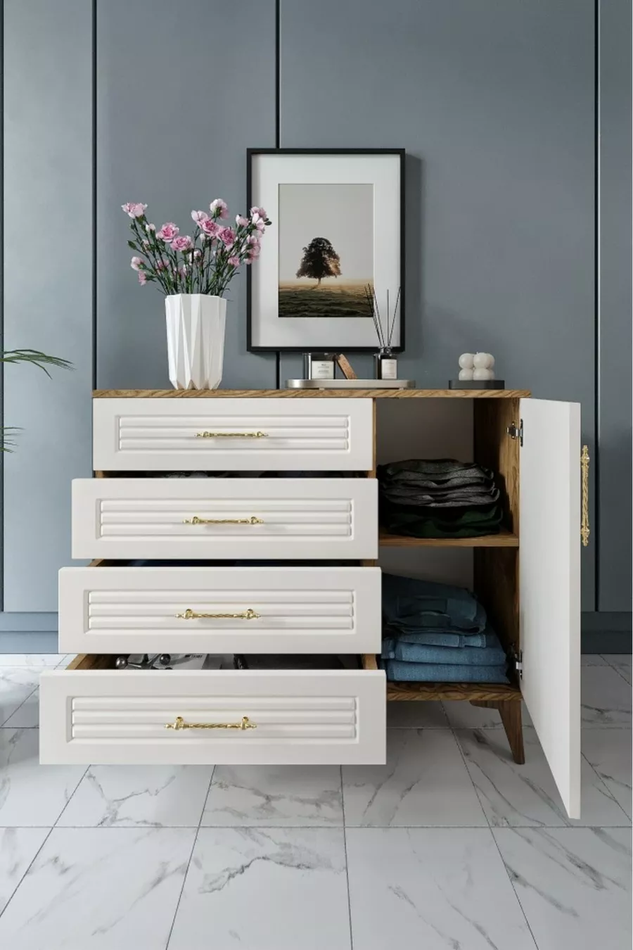 Commode moderne à 4 tiroirs et 1 porte avec volets, design moderne, porte en MDF, bois de noyer écru