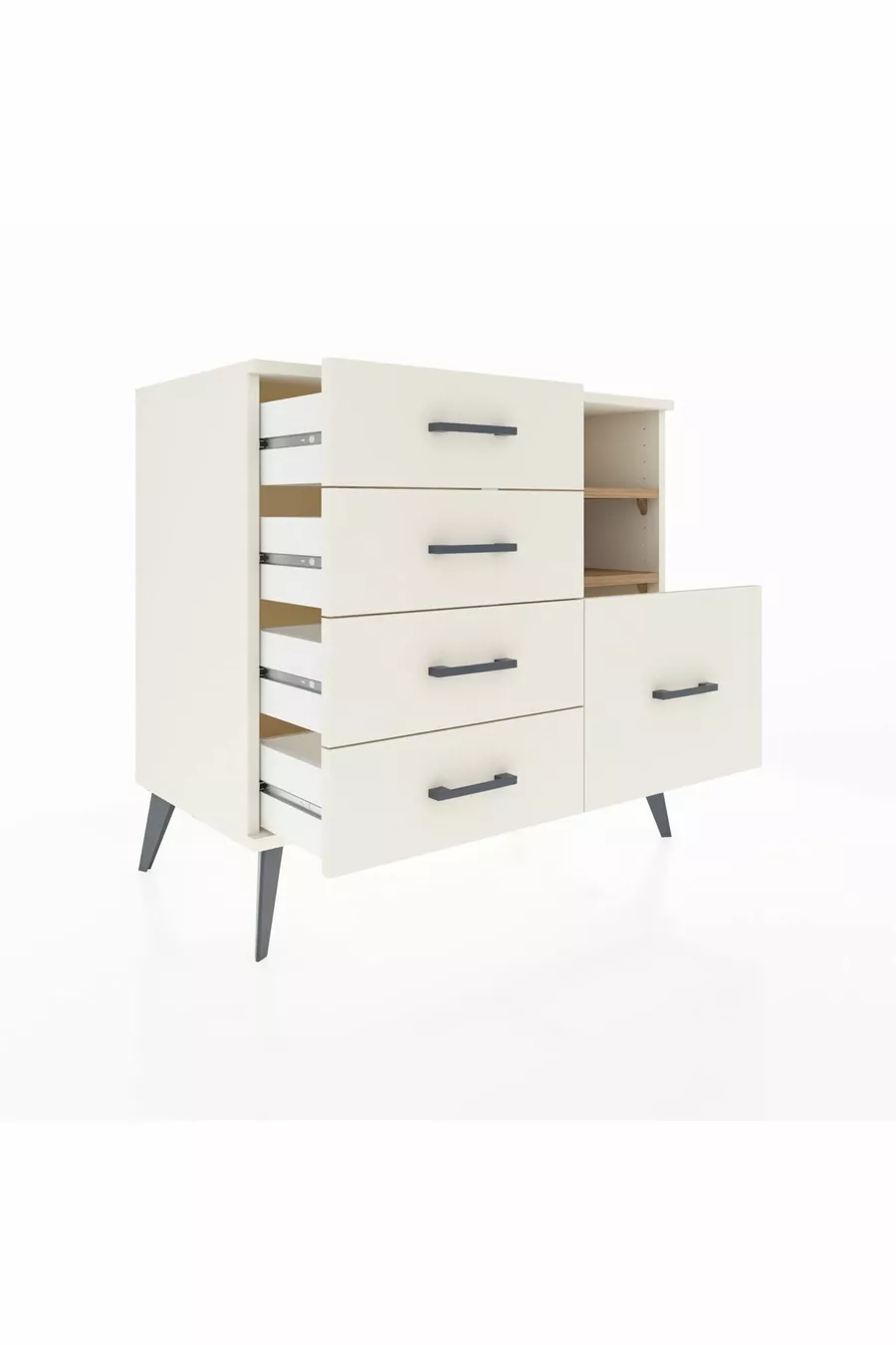 Commode Hyperion 2 étagères 5 tiroirs Pierre de lune-Pin/Pierre de lune