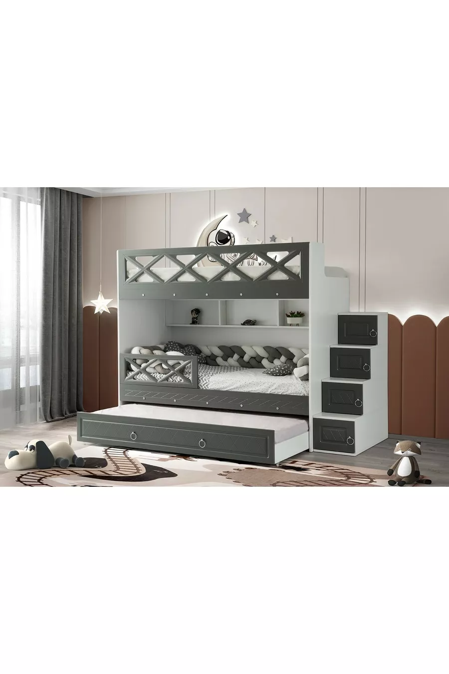 Lits superposés Mars avec tiroirs, anthracite & blanc, structure en acier avec revêtement en membrane, 100% MDF