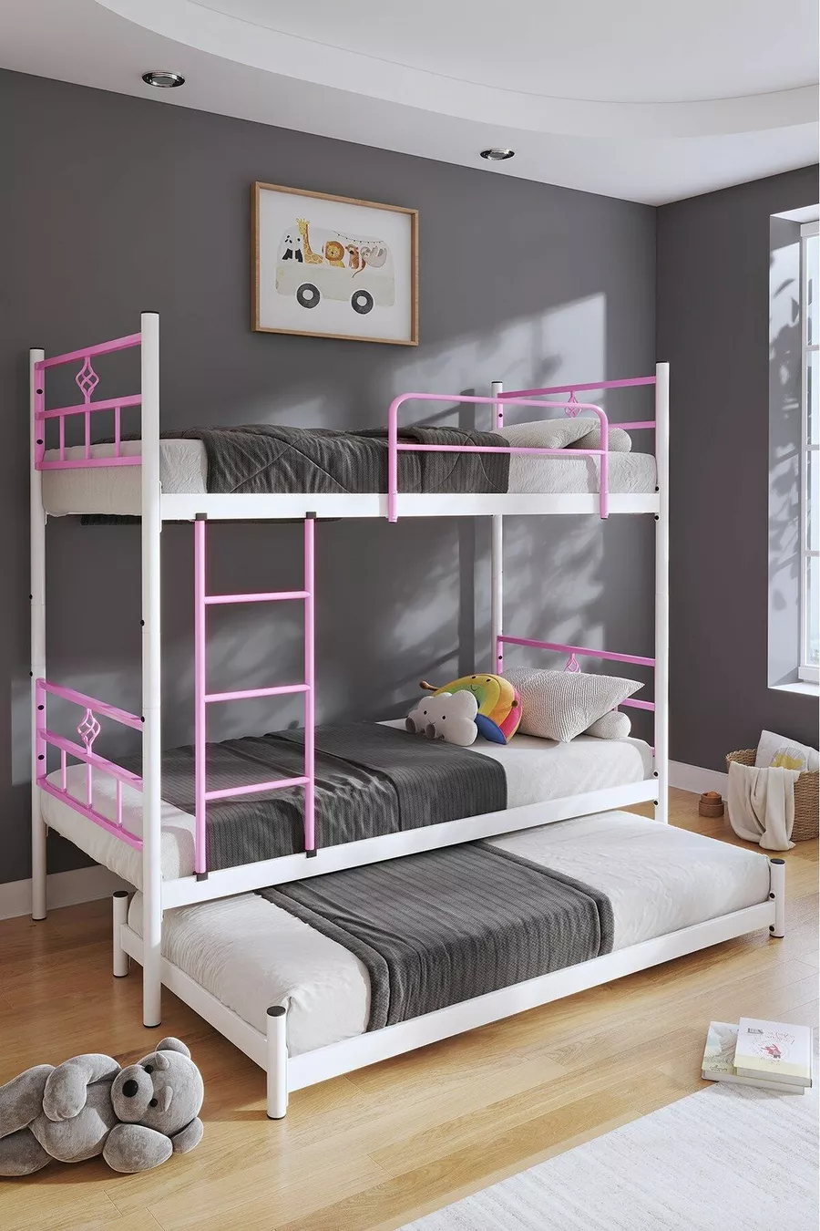 Lit superposé Koza avec tiroir pour 3 personnes, compatible avec matelas, métal rose clair