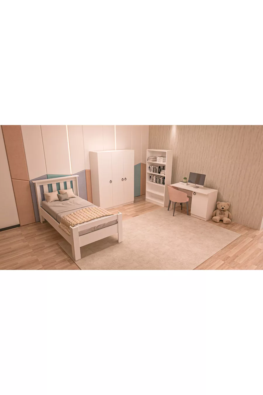 4-teiliges weißes MDF-Jugendzimmer-Set (Bett, Kleiderschrank, Bücherregal und Schreibtisch)