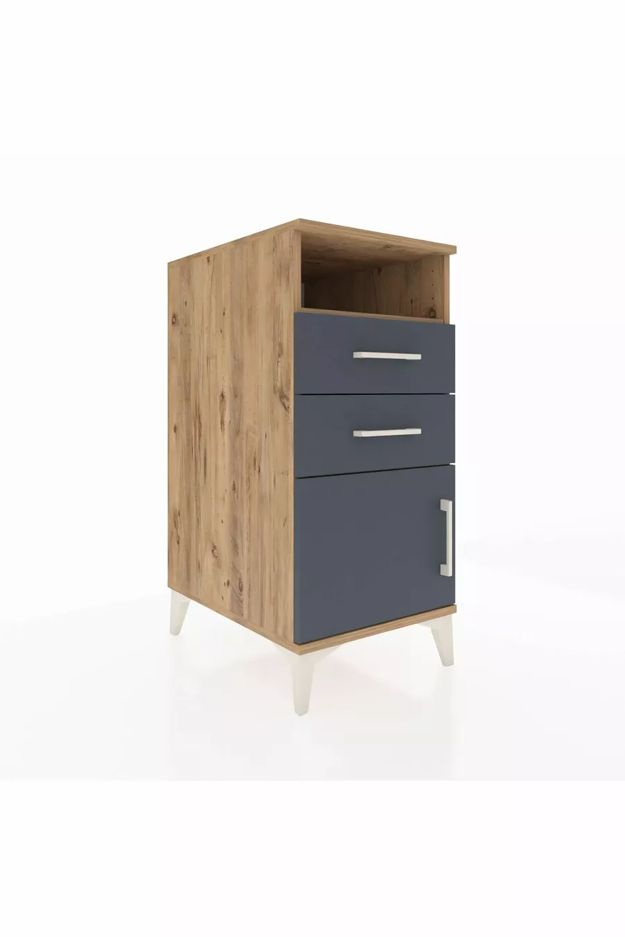 Table de chevet Kronos avec une étagère, 2 tiroirs et une porte, pin-anthracite