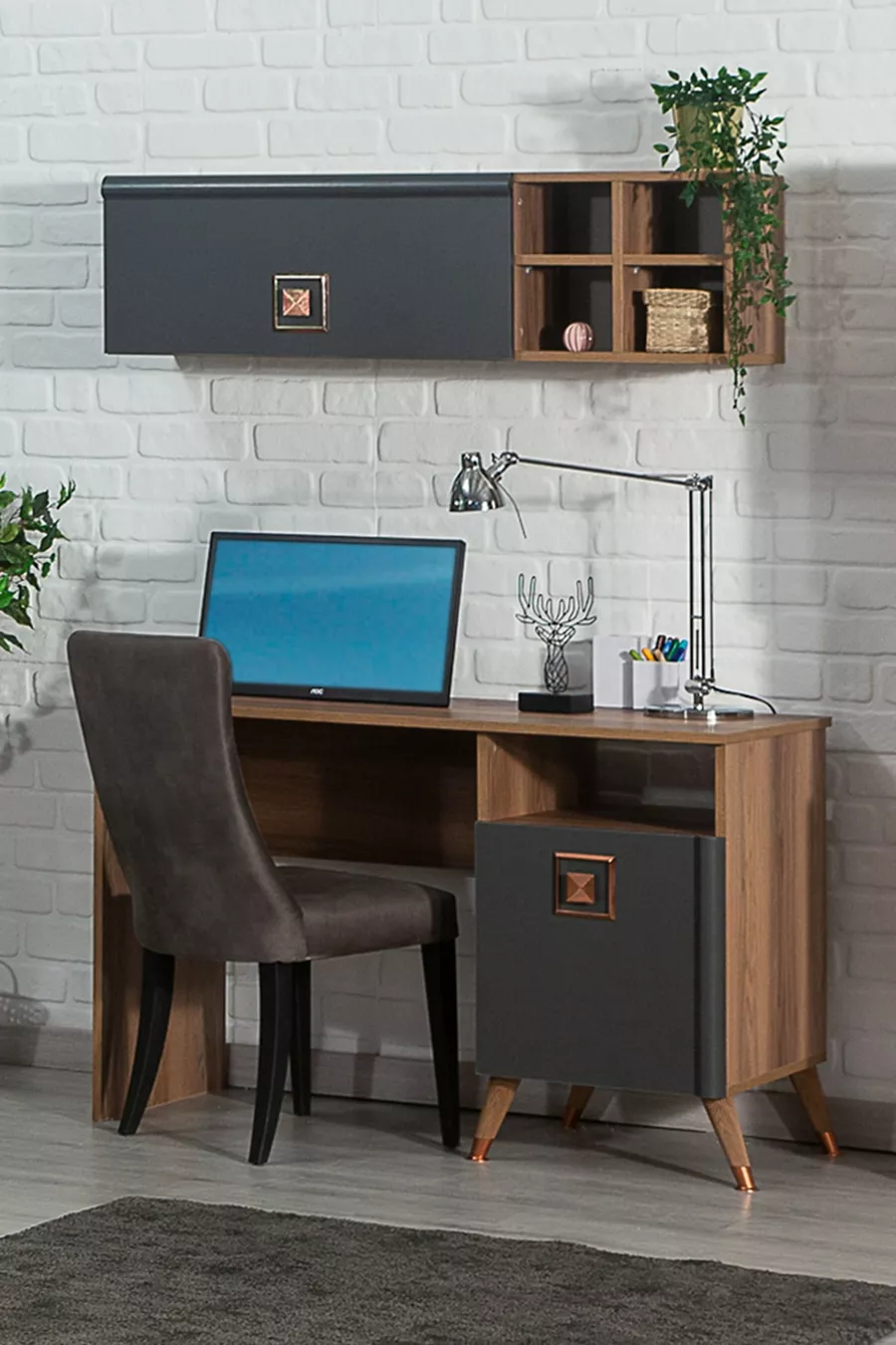 Ensemble de chambre rétro pour jeunes et enfants Noyer / bleu marine foncé