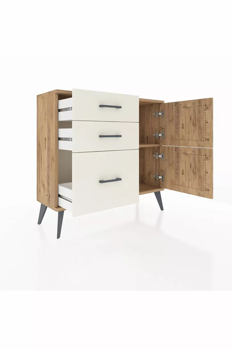 Commode Arges avec une seule étagère, 3 tiroirs et 2 portes, pin-pin / pierre de lune